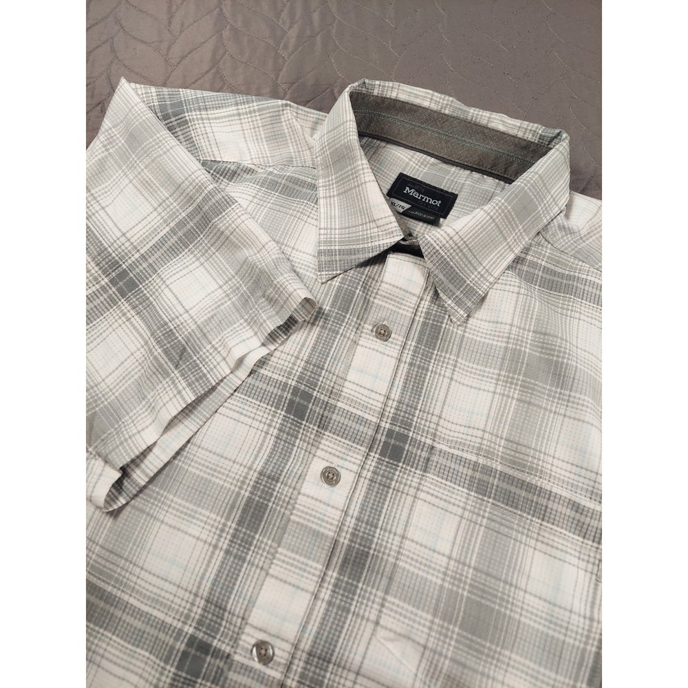 Marmot Mens XL White Plaid Button Up Shirt Lightweight Hiking Outdoors Short Slv